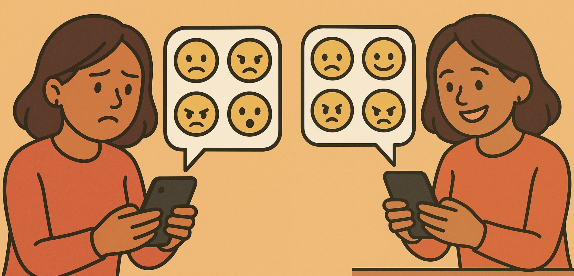 Illustration of two people texting on their phones, each with a speech bubble of emoji showing different mixes of emotions
